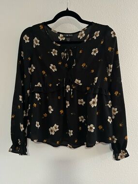 Timing Black Floral Tie-Front Ruffle Blouse